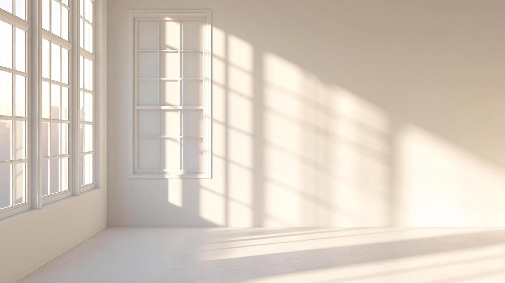 Bright interior featuring light shining through window panes, creating shadows and highlighting architecture in a serene, white space. photo