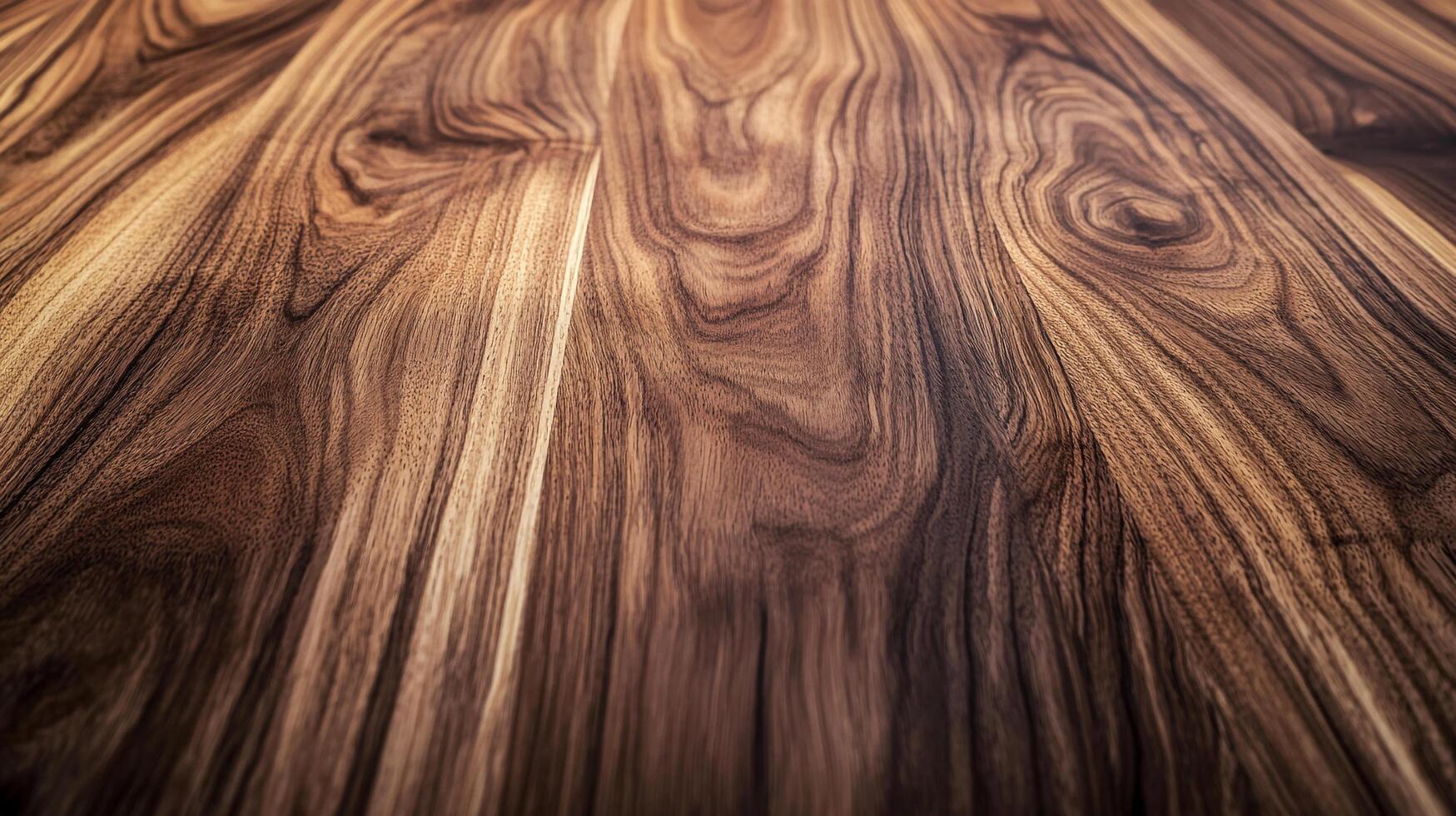 Close-up of a wooden surface showing natural grain patterns, with rich brown tones and unique textures. The wood is smooth and polished. photo