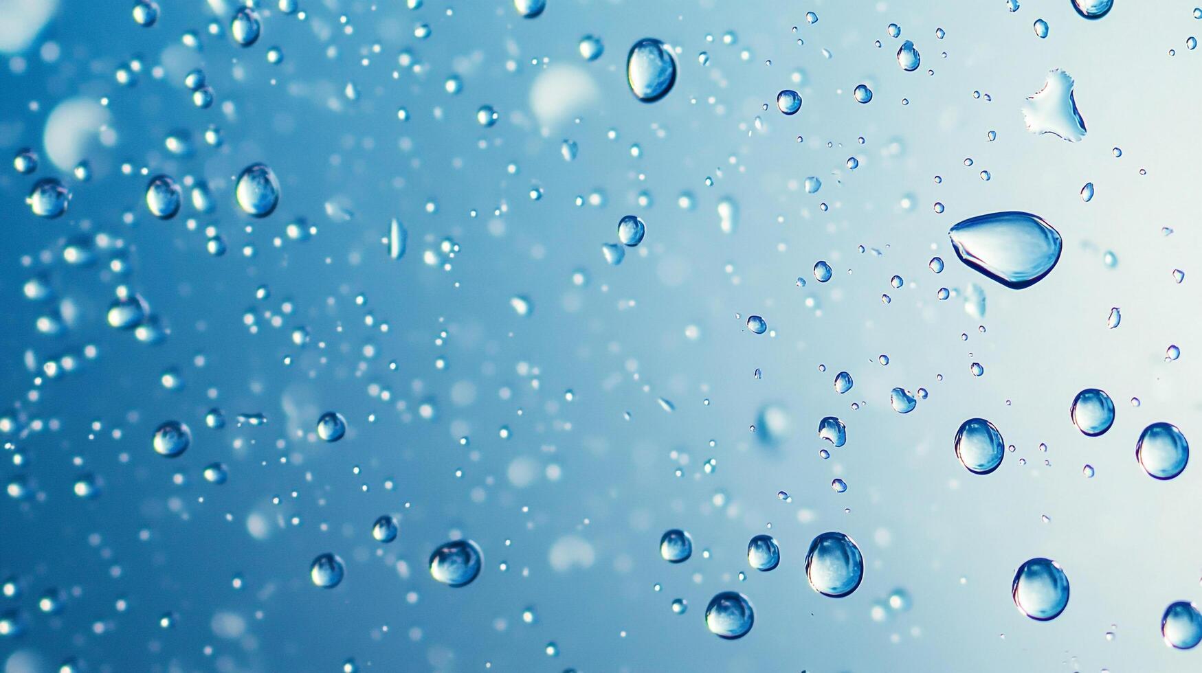 Close-up of water droplets on a blue surface, creating a refreshing and clean visual. The droplets vary in size and distribution. photo