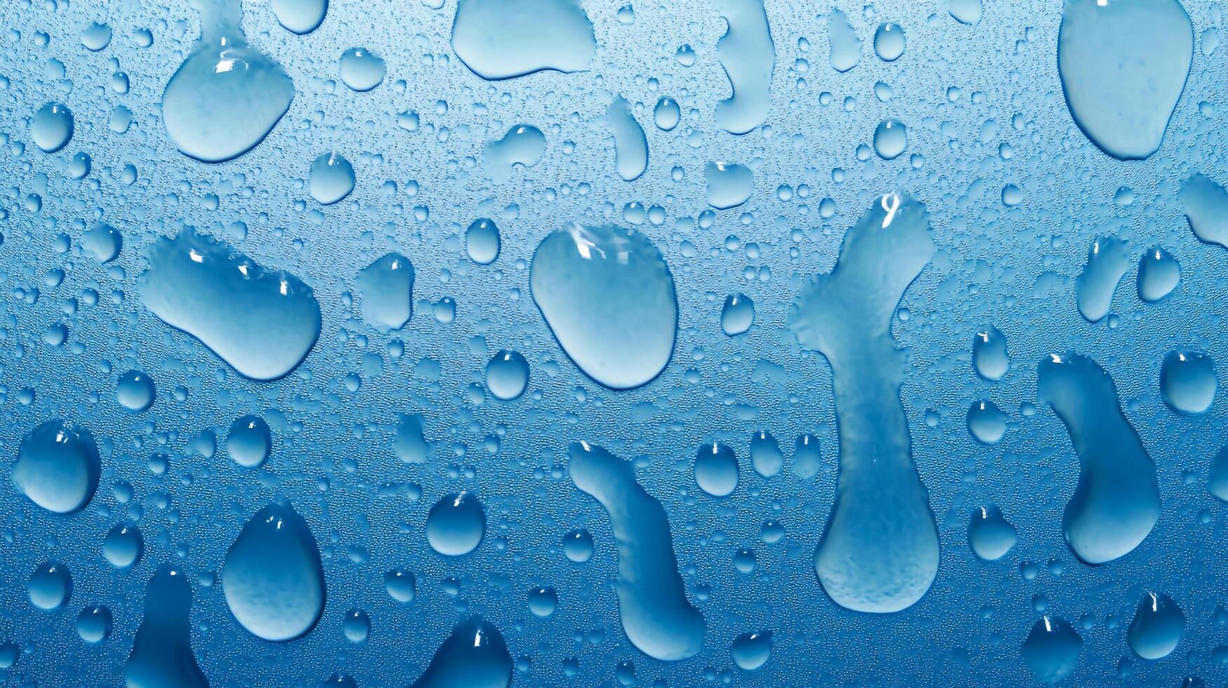 An abstract close-up shows scattered water droplets resting on a blue surface. The droplets range in size and shape, showcasing condensation. photo