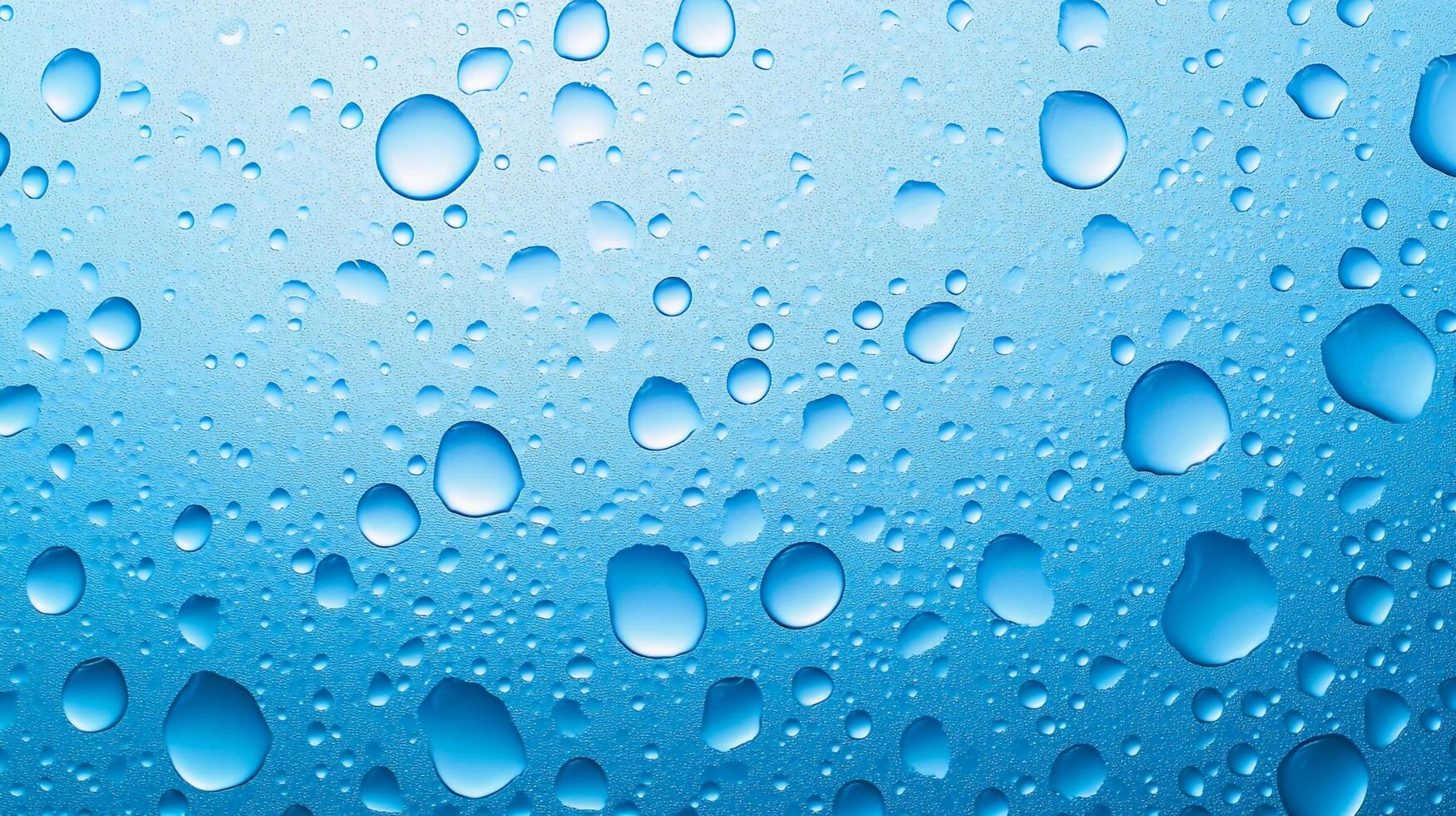 Water droplets glisten on a cool, light blue surface, creating a refreshing and calming visual with varying sizes and shapes. photo