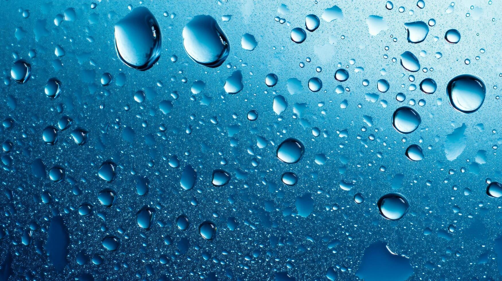 A macro shot showcases water droplets on a blue metallic surface, capturing light reflection and textures in this natural, watery spectacle. photo