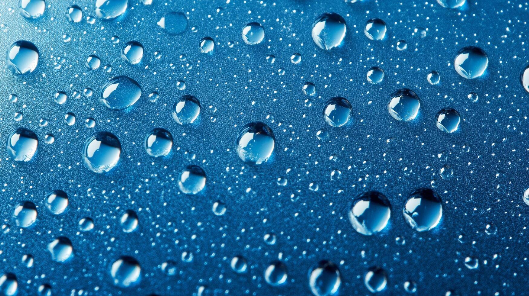 Macro photography of water droplets resting on a sleek, textured, vibrant blue surface, displaying a captivating interplay of light and shadow. photo