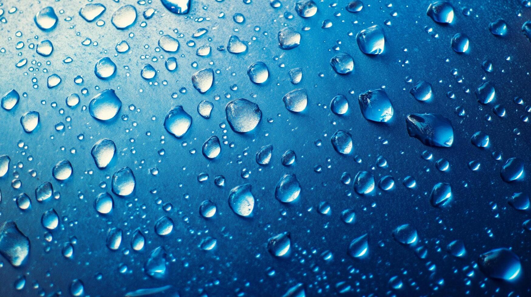 Macro shot of water droplets on a smooth, reflective blue surface. Highlights create a captivating play of light and shadow. photo