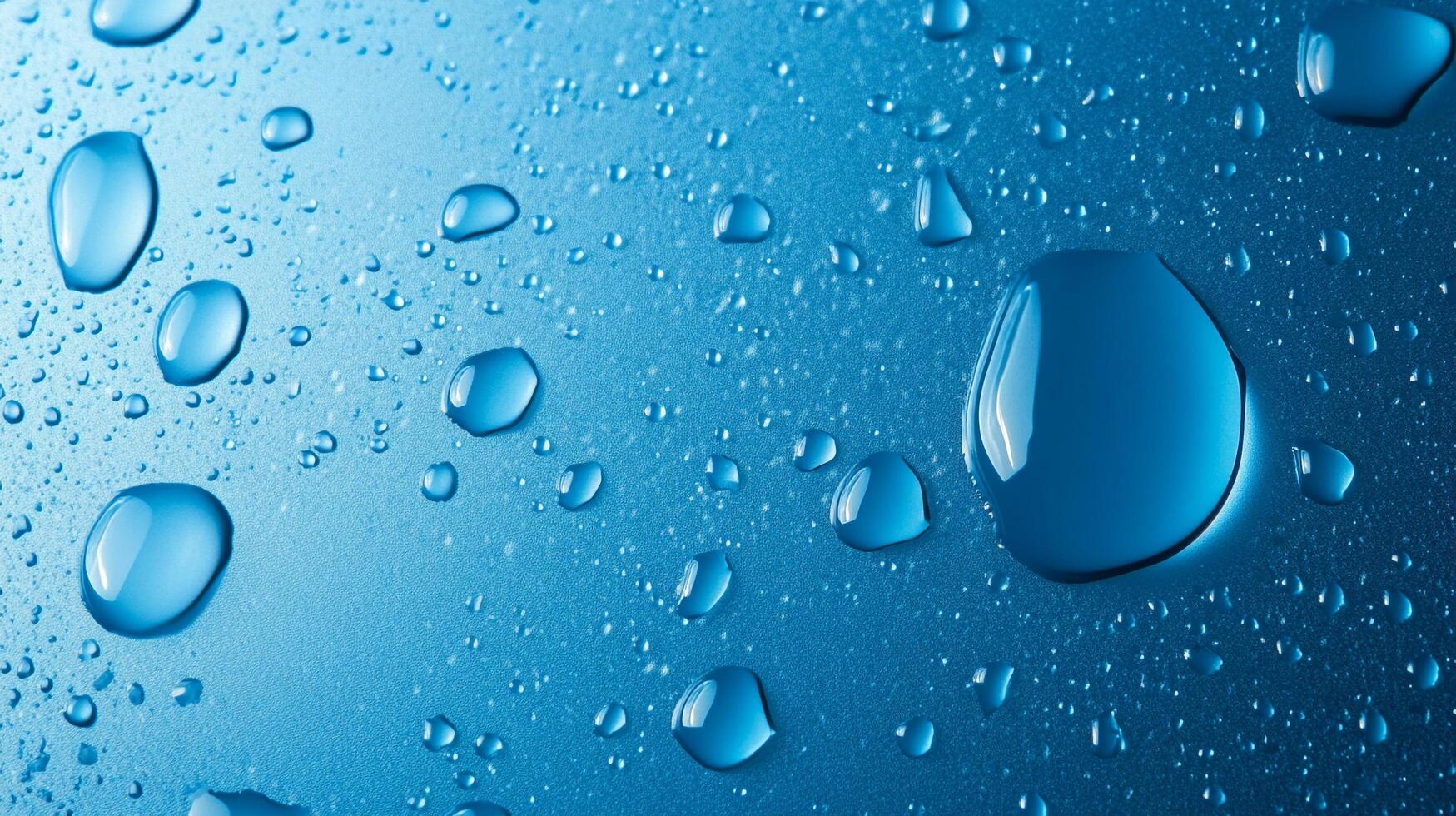 Water droplets on a smooth, cool blue surface. A close-up captures the reflections and refractions within each droplet. Clean and refreshing. photo