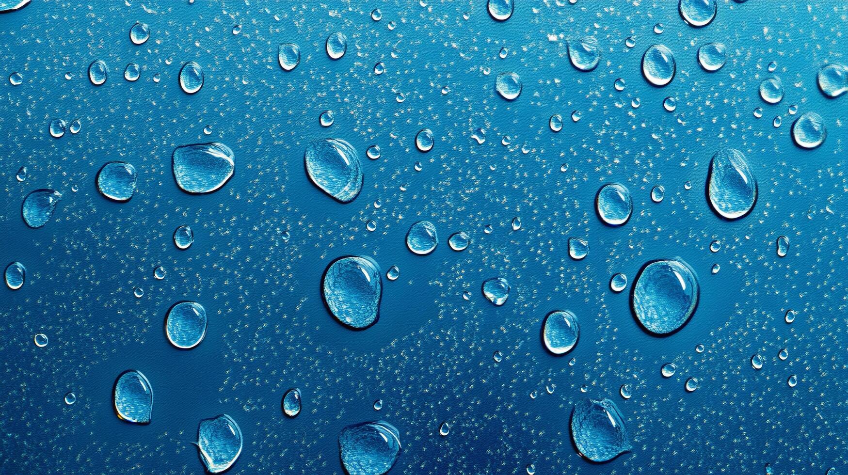 A captivating close-up showcases the beauty of water droplets resting on a vibrant blue surface, each reflecting light in mesmerizing ways. photo