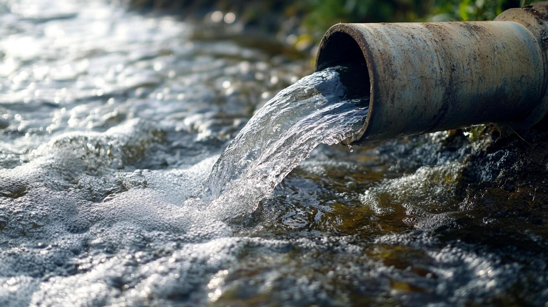 Water flowing from a rusty pipe into a stream, creating ripples and bubbles in the water. Environmental impact and conservation. photo