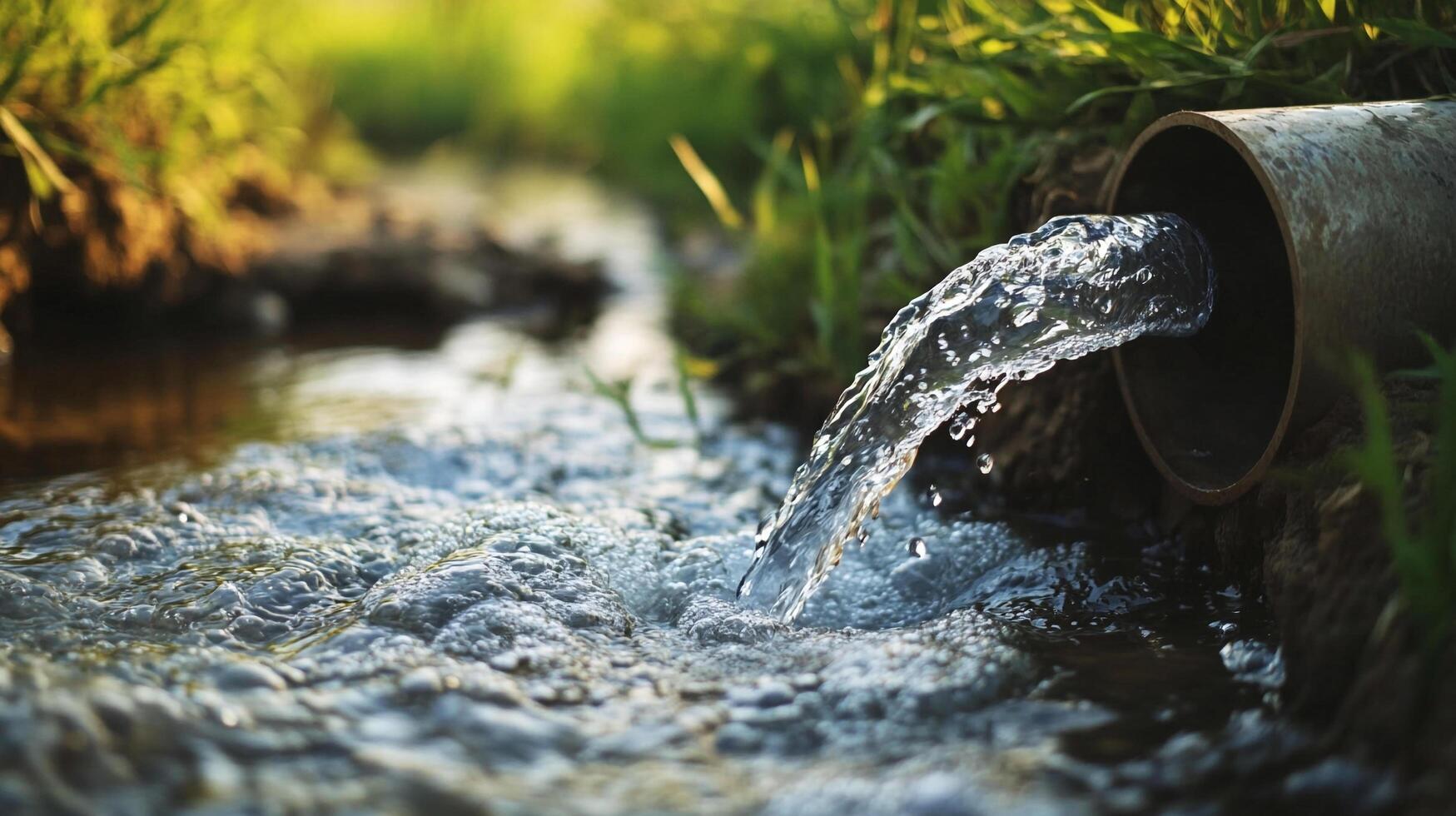 Water flowing from a pipe into a stream, creating a refreshing and natural scene with lush green grass in the backdrop. photo