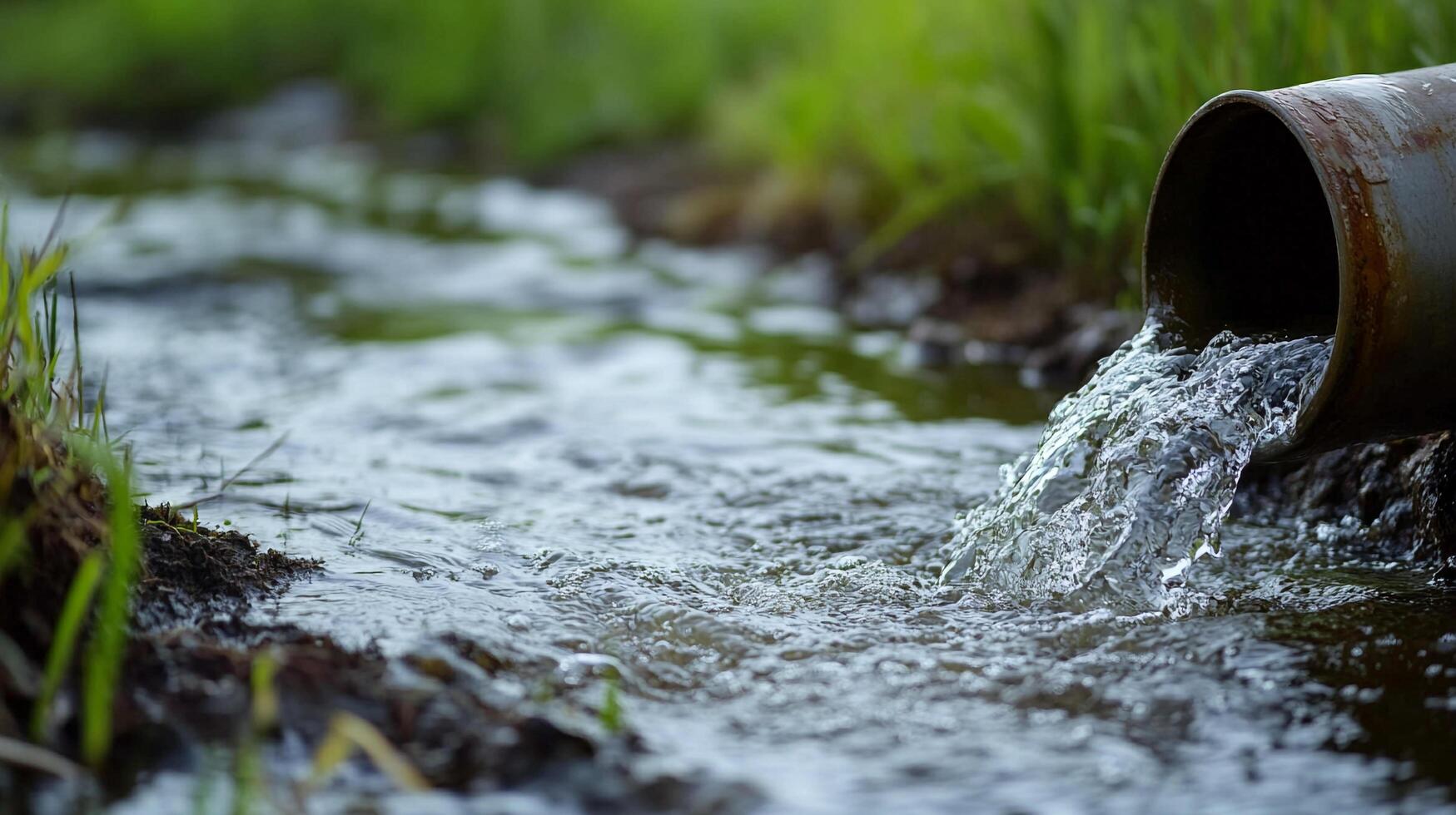 Water flowing from a rusty pipe into a stream surrounded by green grass, showcasing natural resource use and potential environmental concerns. photo