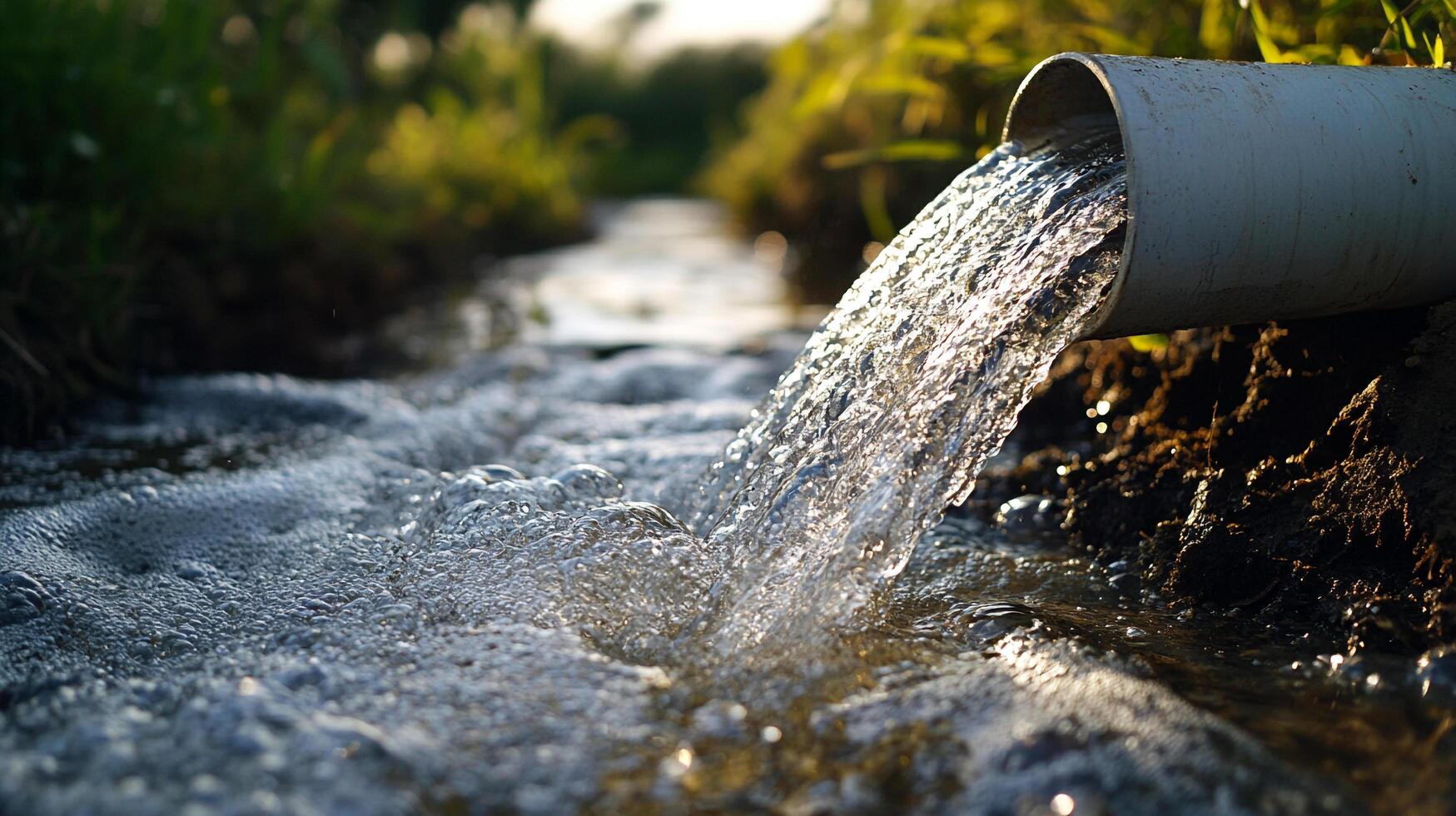 Water flows from a pipe into a channel surrounded by green vegetation, showcasing water management in an agricultural setting. photo
