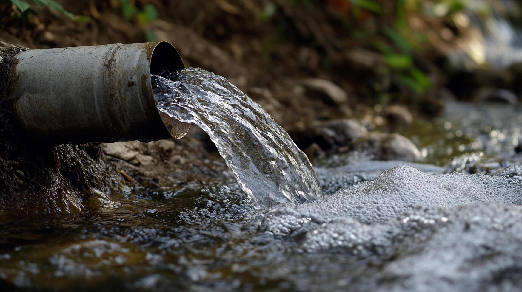 Water flows powerfully from a weathered metal pipe, cascading into a stream, creating gentle ripples in the water and a natural harmony. photo