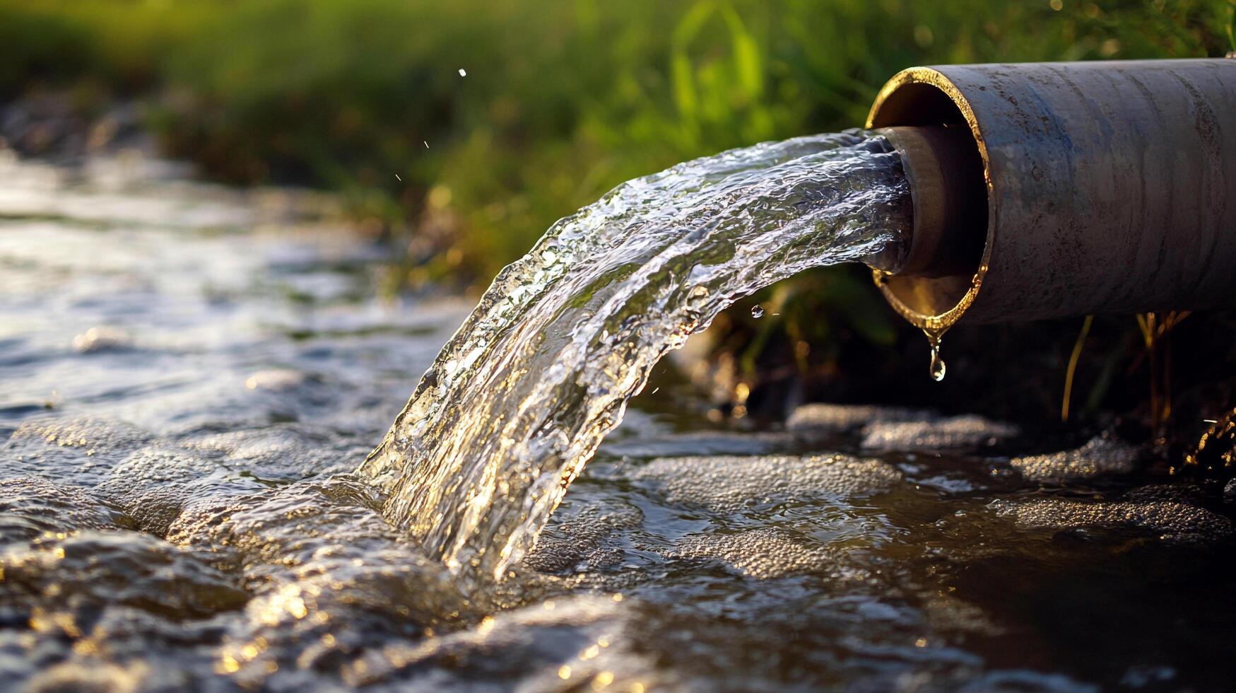 Water flows powerfully from a gray pipe, creating ripples and bubbles in a natural stream, a beautiful display of fluid dynamics. photo