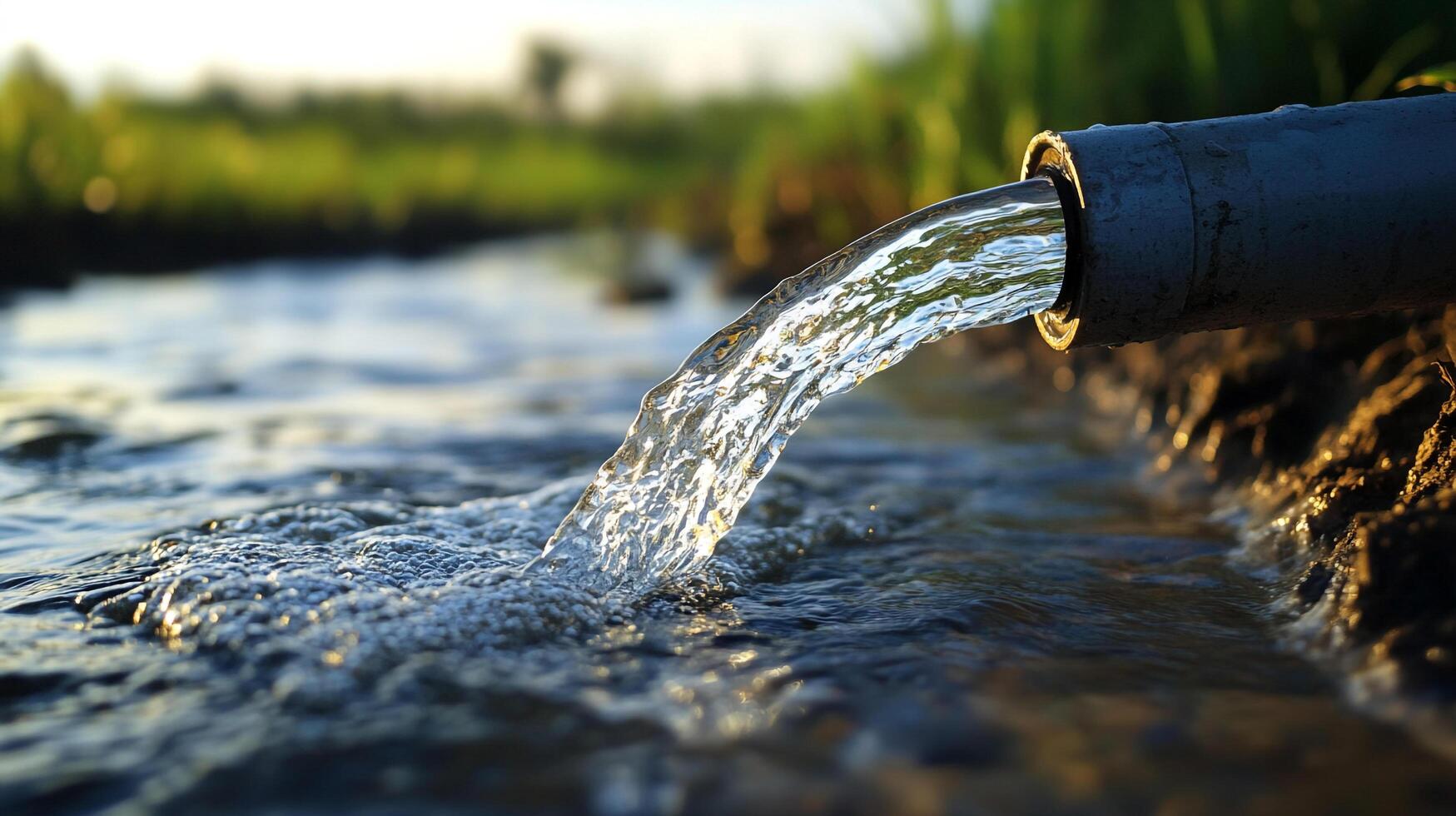 Fresh water pouring from a gray pipe, creating ripples in a stream, with greenery blurred in background. Natural spring refreshment. photo