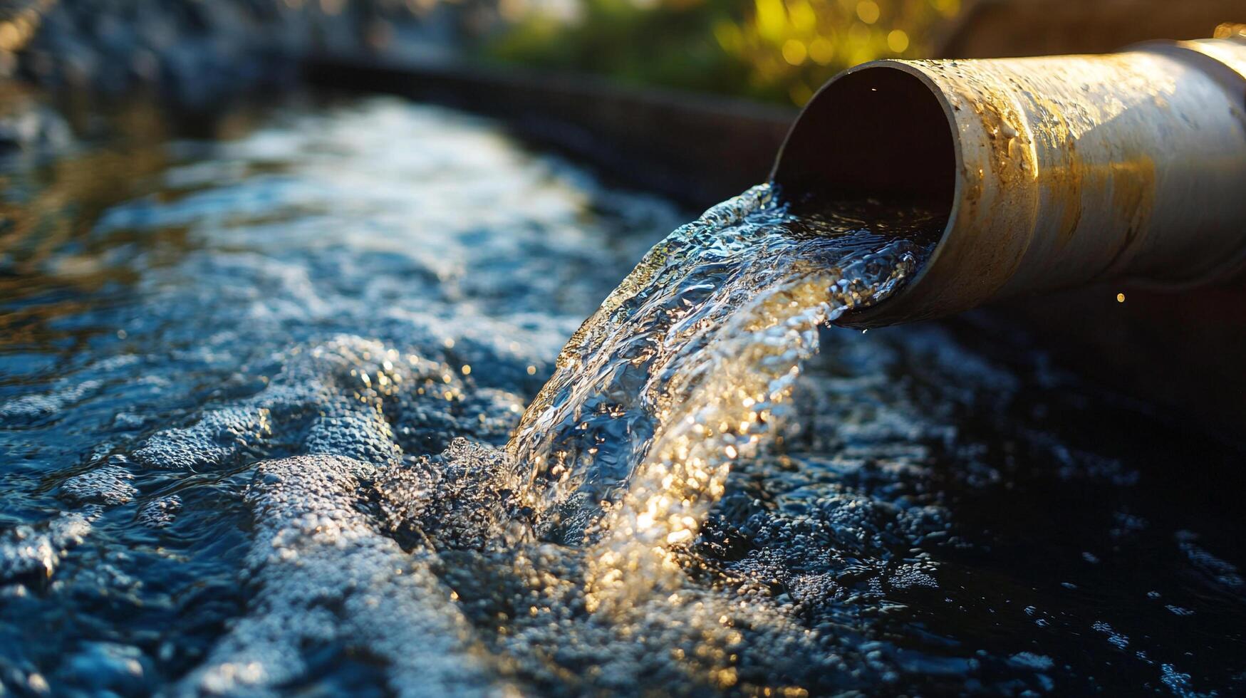 Water gushing from a drainage pipe, creating ripples and bubbles as it flows into a body of water, reflecting sunlight. photo