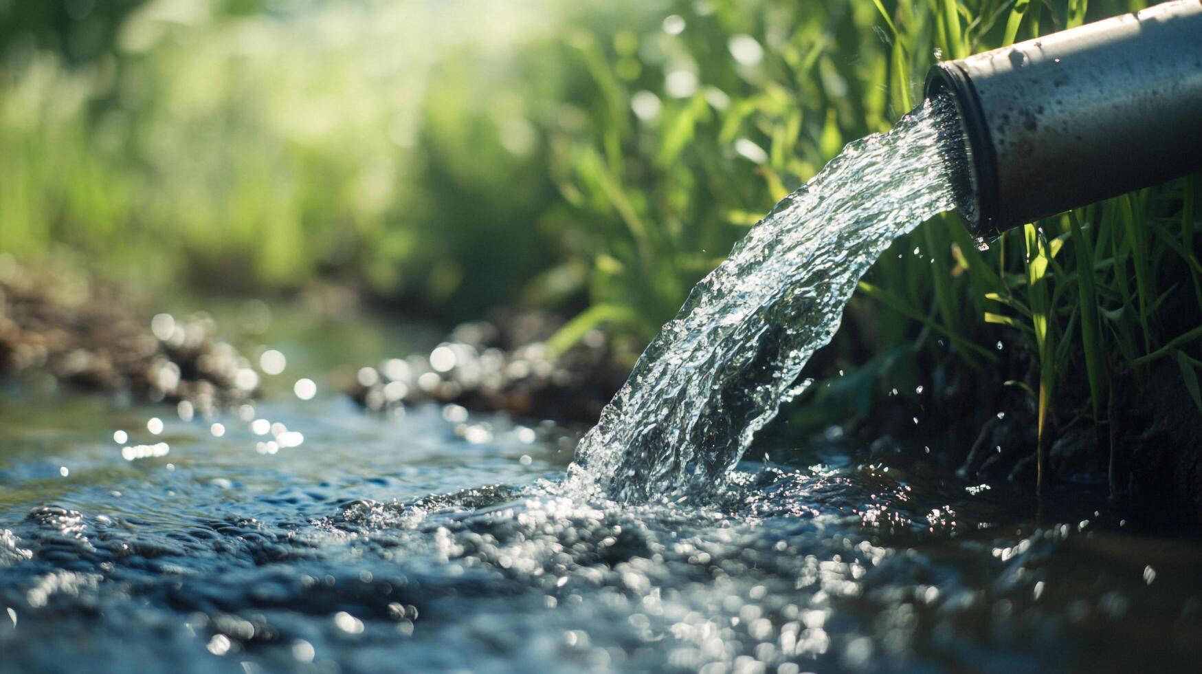 Water flowing from a pipe into a stream, showcasing the importance of water resources and environmental conservation. photo