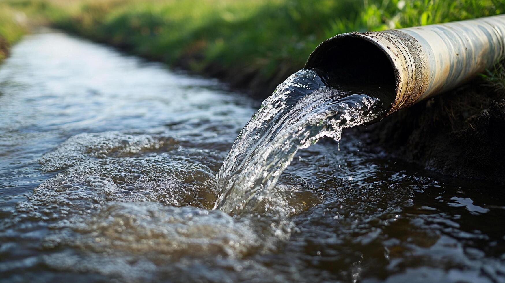 Water flowing into a stream, showcasing natural resource management, irrigation, and environmental impact in a rural landscape. photo