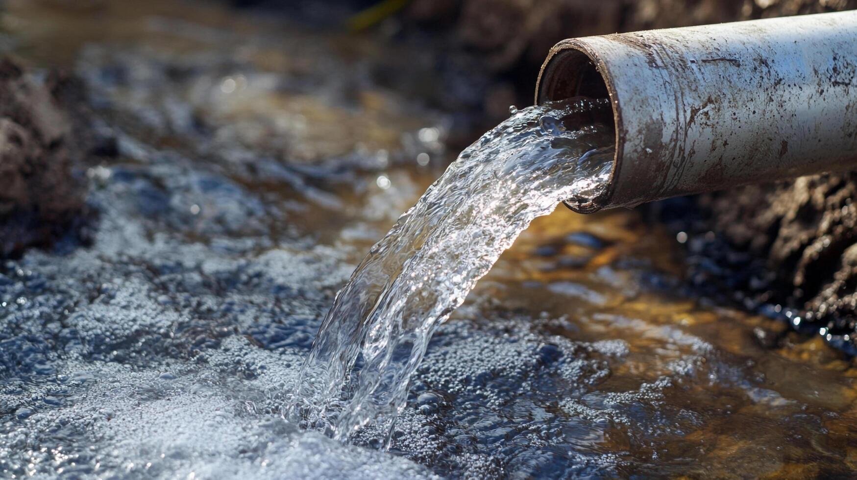 Water flows from a silver pipe into a small stream, creating bubbles. Natural setting with earth and foliage visible. Clean source. photo
