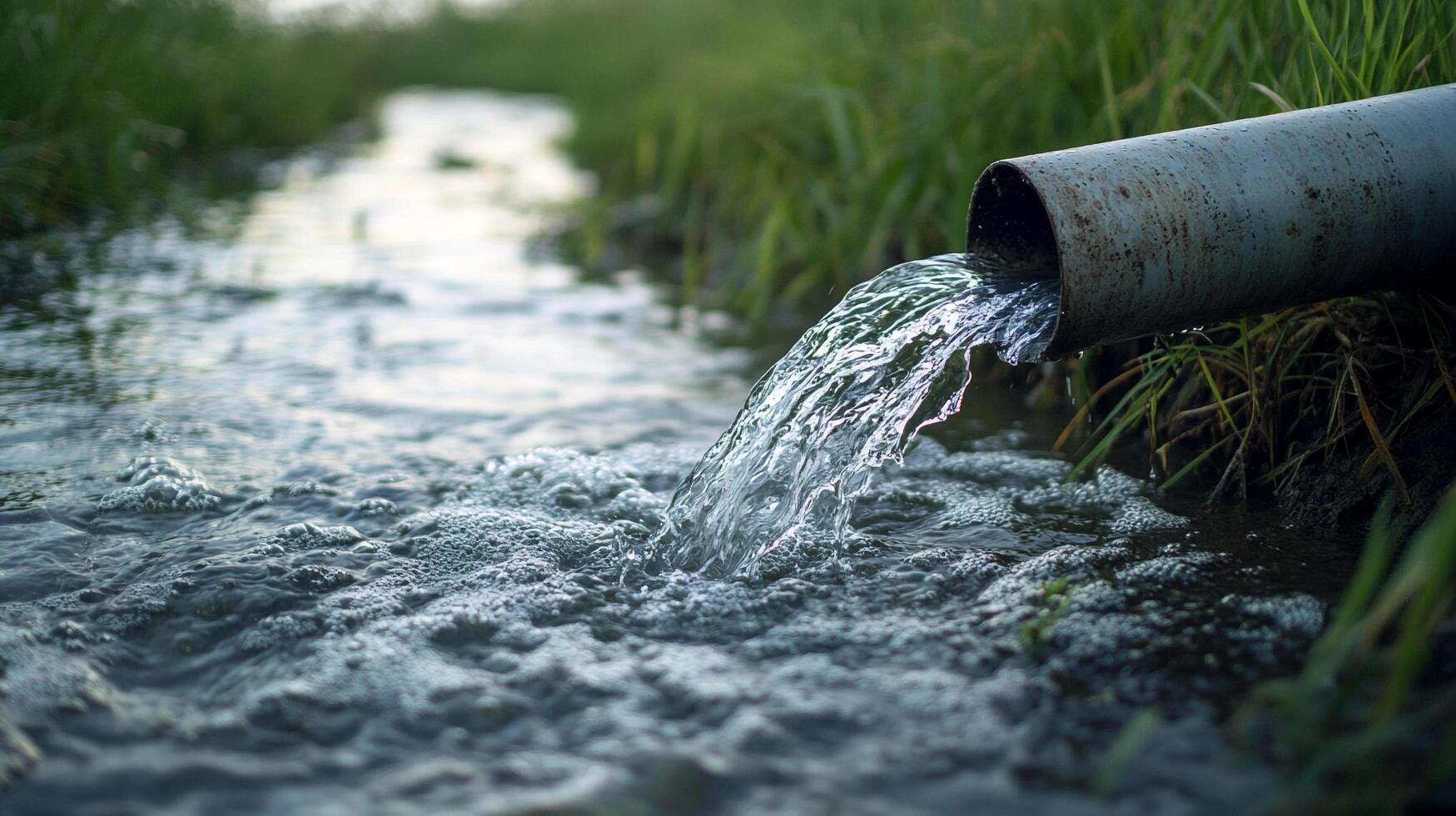 Water flows from pipe into stream, surrounded by vibrant green grasses in natural environment, conveying a sense of serenity and nature's beauty. photo