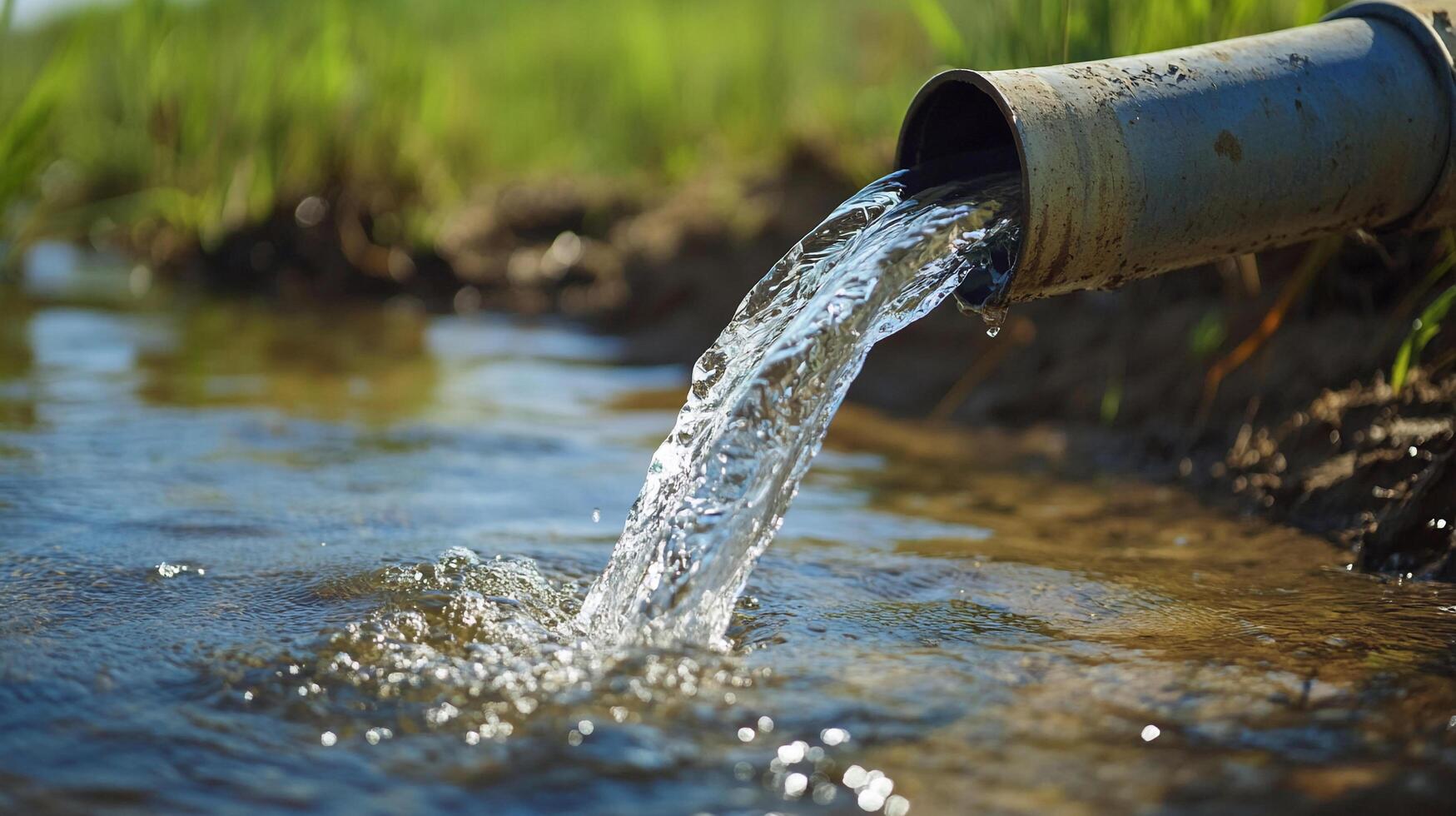 Water flows powerfully from a pipe into a stream, surrounded by green grass in bright sunlight, showing water management and natural flow. photo