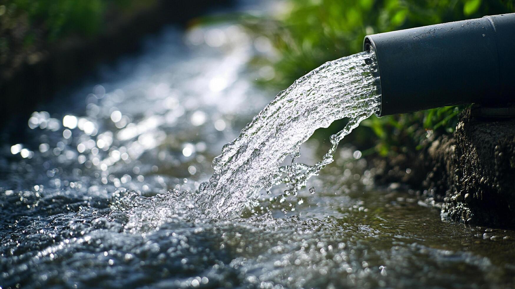 Water flows from a dark pipe, cascading into a stream, creating ripples and sparkles. The surrounding foliage provides a natural backdrop. photo