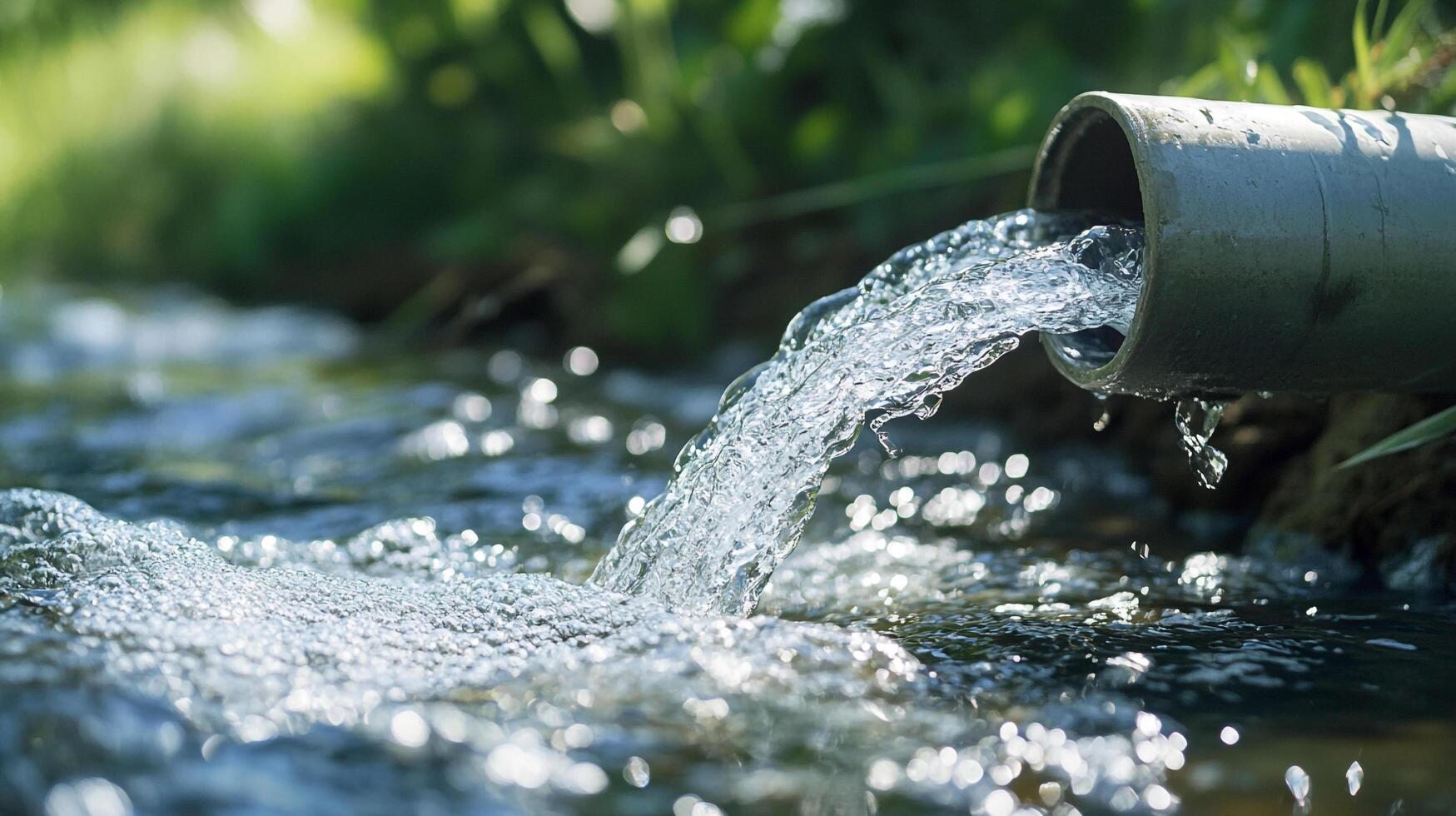 Fresh water is flowing from a pipe into a stream, creating a peaceful scene of nature's abundance and clear water resource. photo