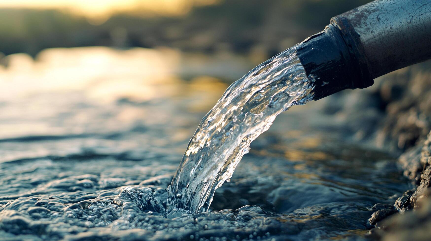 Water gushing from a pipe into a stream, creating ripples and waves in the water under a sunset sky. Clean and natural resource. photo