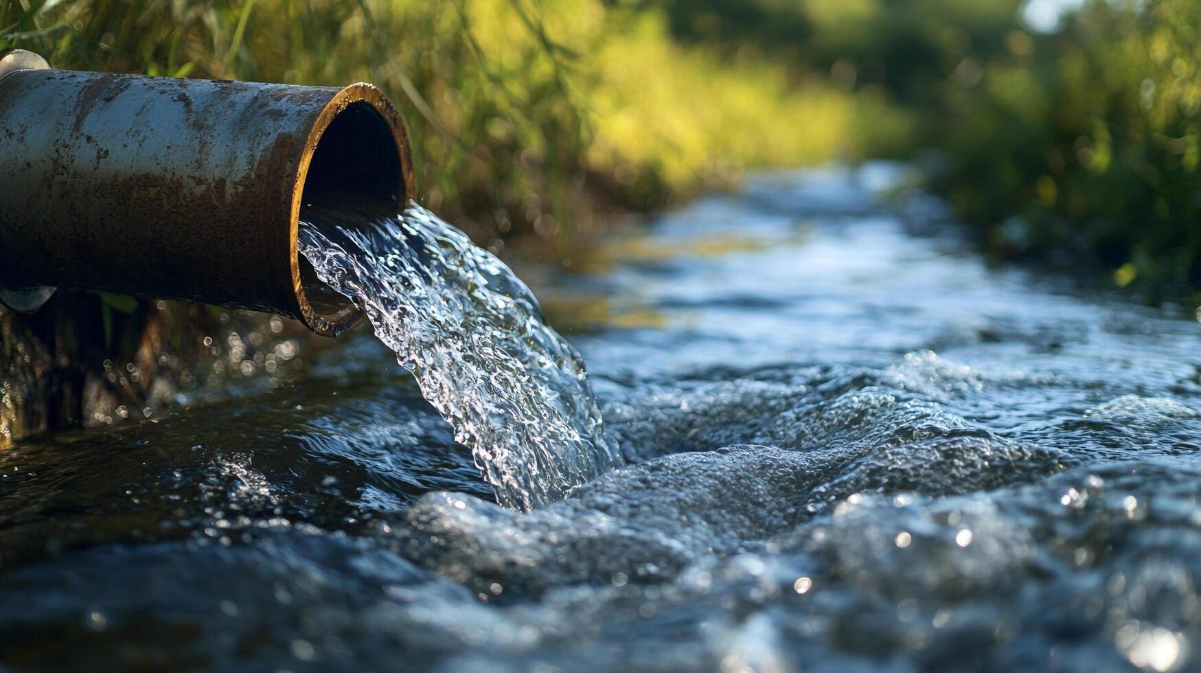 Water flows from a metal pipe, creating ripples in the stream. The water is clear and reflects light, set against a backdrop of greenery. photo