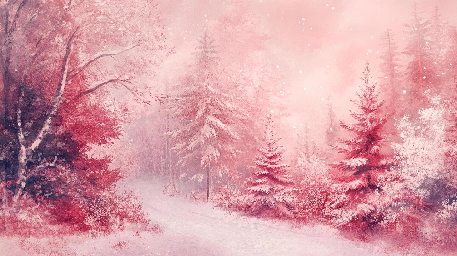 A soft focus, romantic rendering of a snow-covered path winding through a forest, predominantly in gentle shades of pink and white. photo