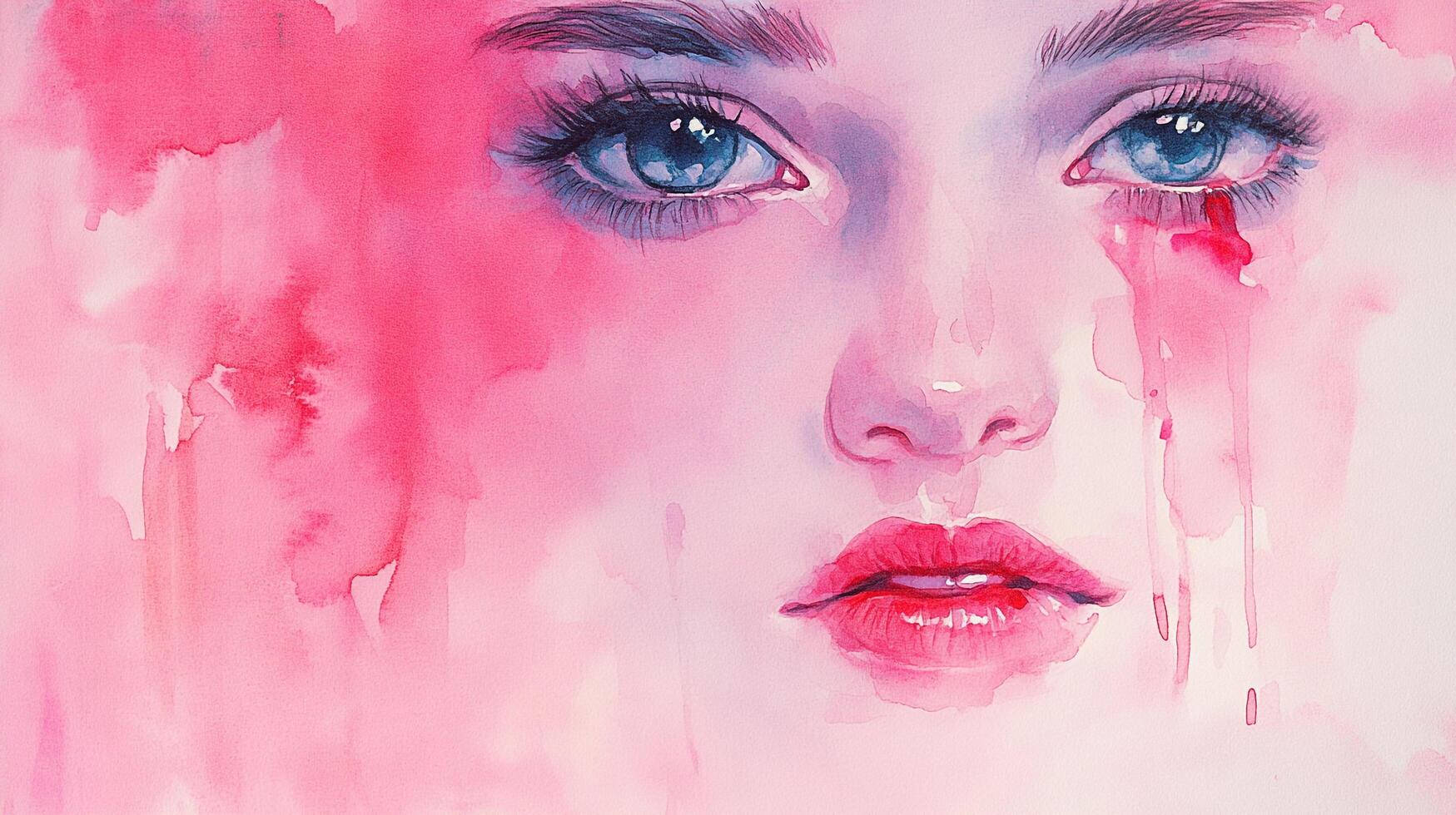 Watercolor painting depicting a woman's face with tear-like red streaks, conveying emotion and artistic expression through a soft, blurred effect. photo
