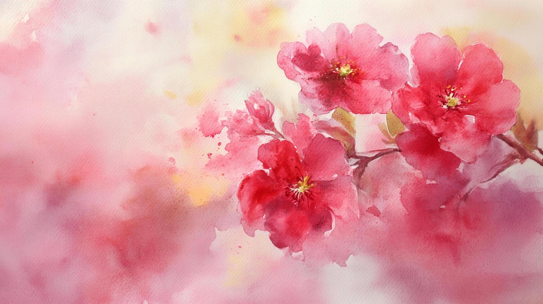 Watercolor painting showcases vibrant pink blossoms on a delicate branch, exuding springtime freshness. The blurred background adds depth. photo