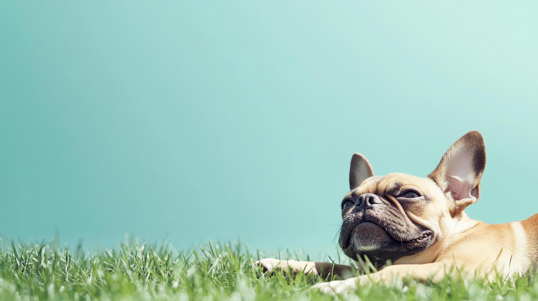 A tan bulldog lounging in the grass on a sunny day, basking in the warmth against a vibrant blue sky. Comfort and relaxation. photo