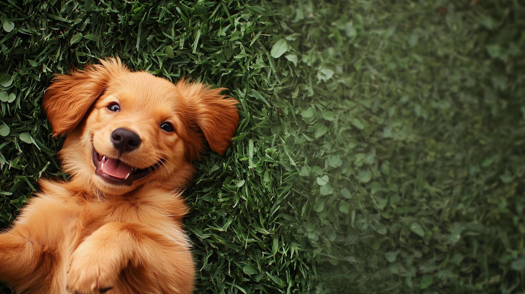Golden puppy blissfully lying in the green grass, looking adorable. This delightful scene captures the essence of puppyhood and joy in nature. photo