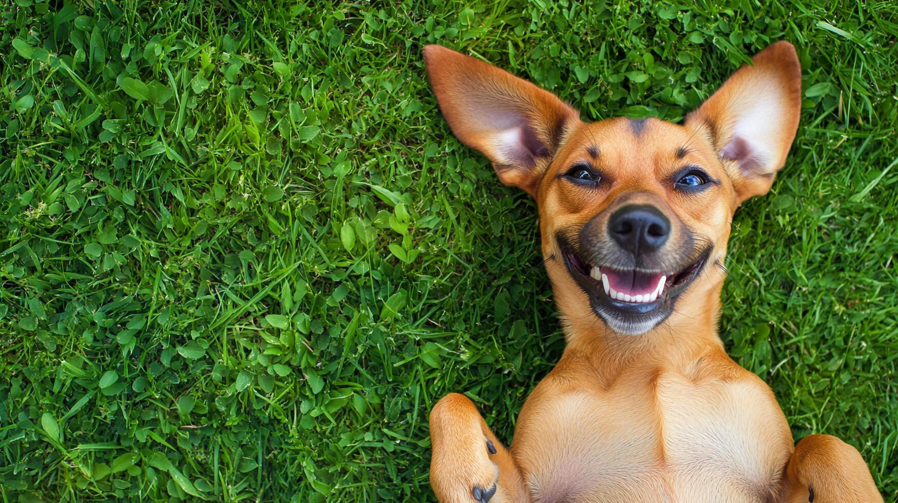 Happy dog lying on green grass, beaming with joy. Close-up of a cheerful brown canine enjoying a sunny day outdoors with a big smile. photo