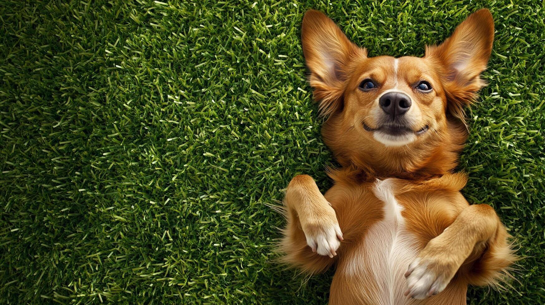A happy tan dog is lying on its back on bright green artificial turf, smiling at the camera. It looks like it's enjoying the sunshine. photo