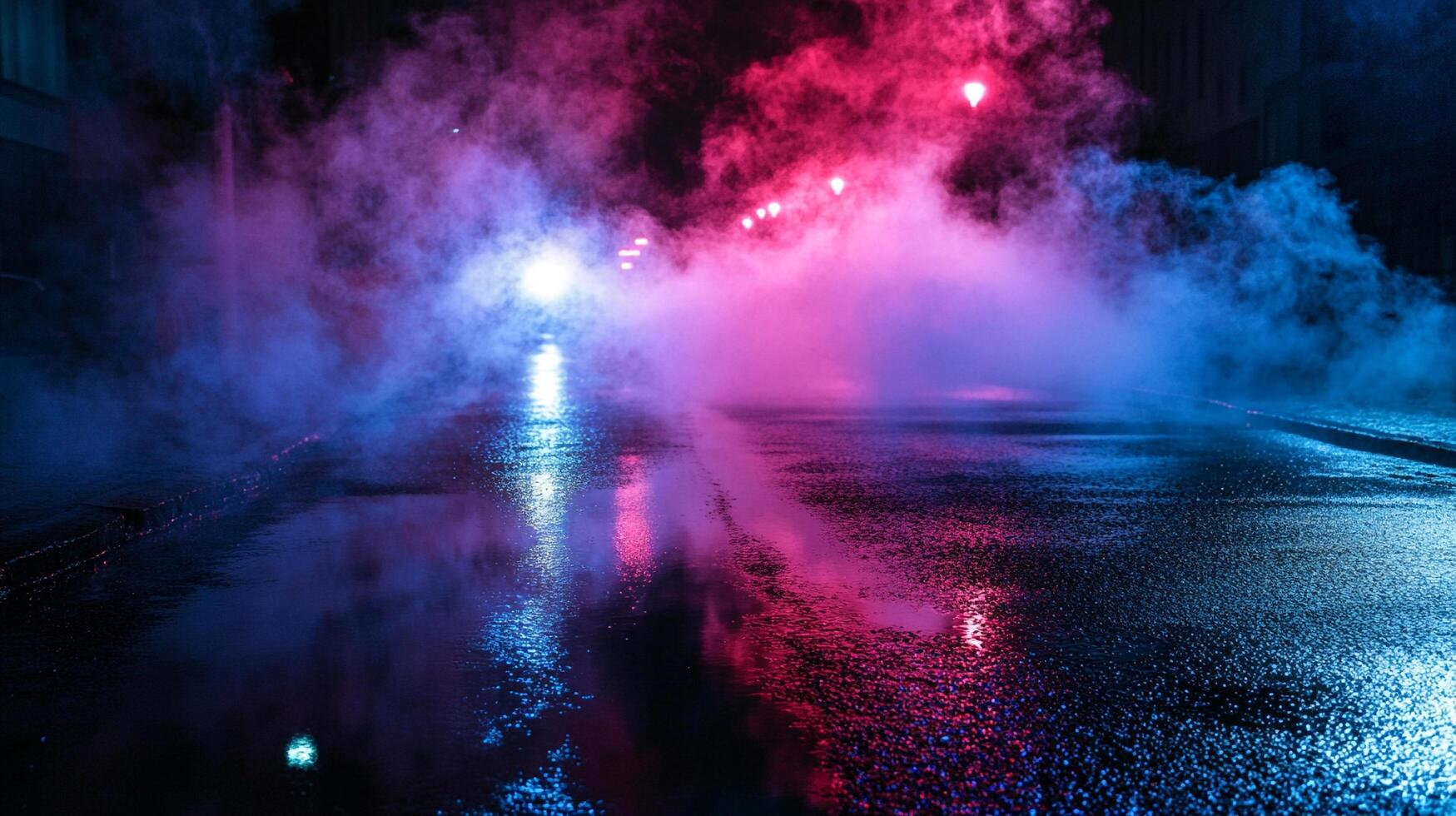 Neon-lit streetscape featuring swirling smoke with dramatic colors, wet pavement reflecting the lights in an urban nighttime setting. photo
