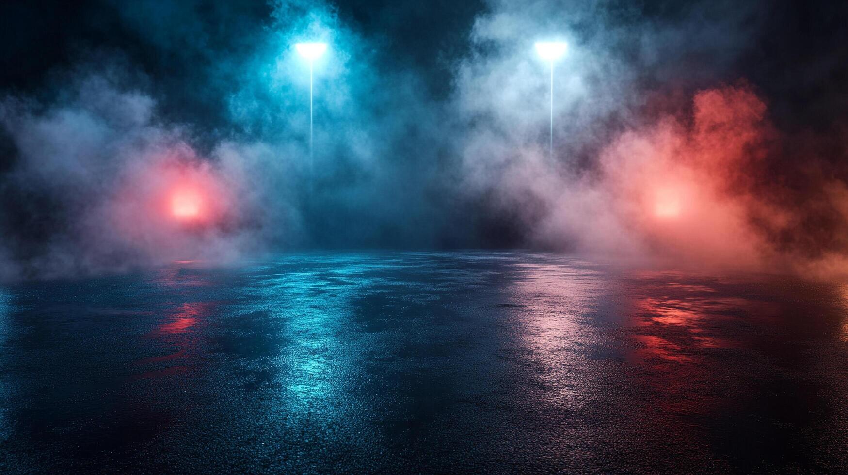 Atmospheric scene with vibrant blue and red lights illuminating a misty street at night, creating a moody, cinematic atmosphere. photo