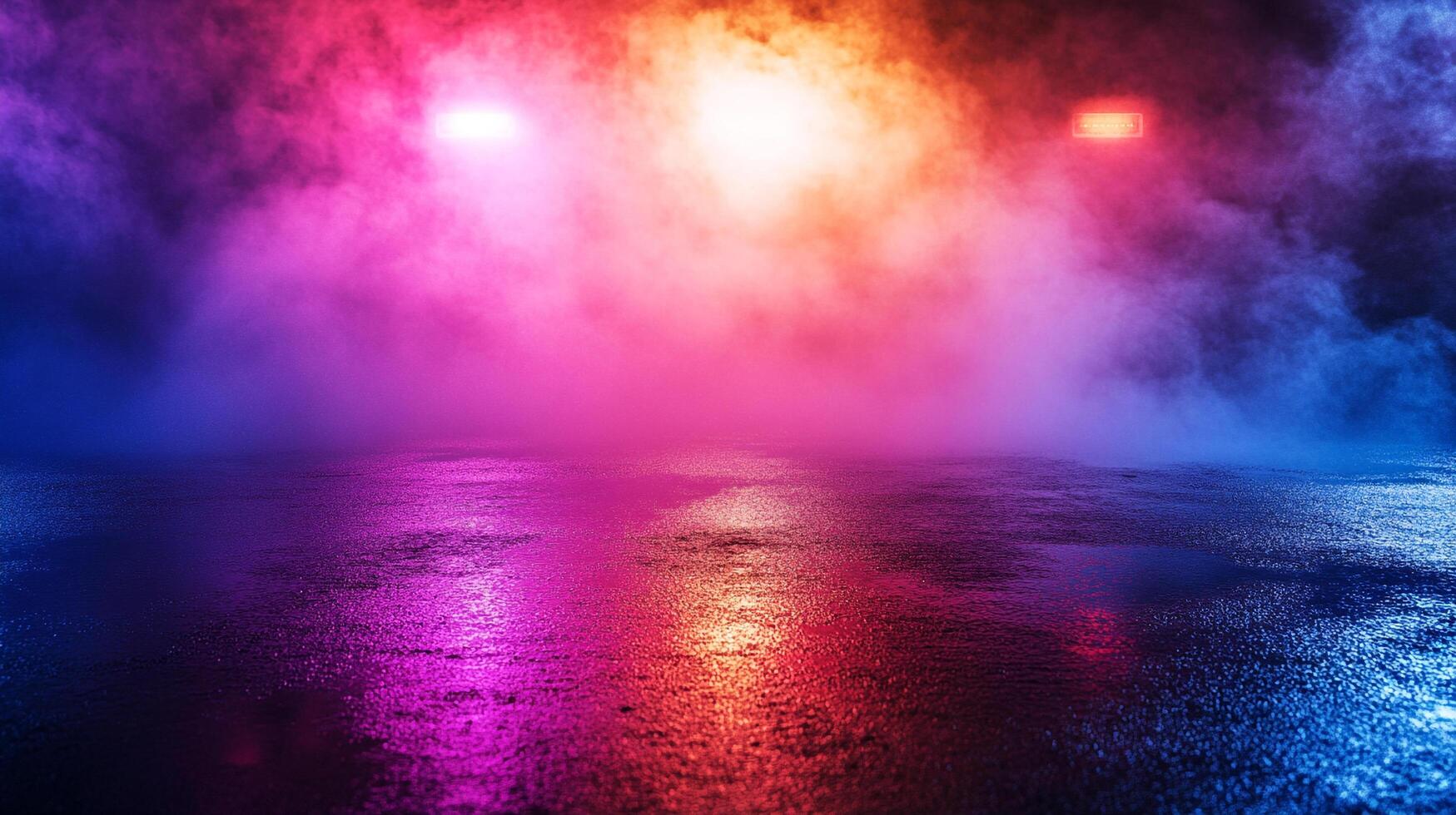 A vibrant scene with colorful fog and a wet surface reflecting the lights, creating a surreal and atmospheric ambiance. photo
