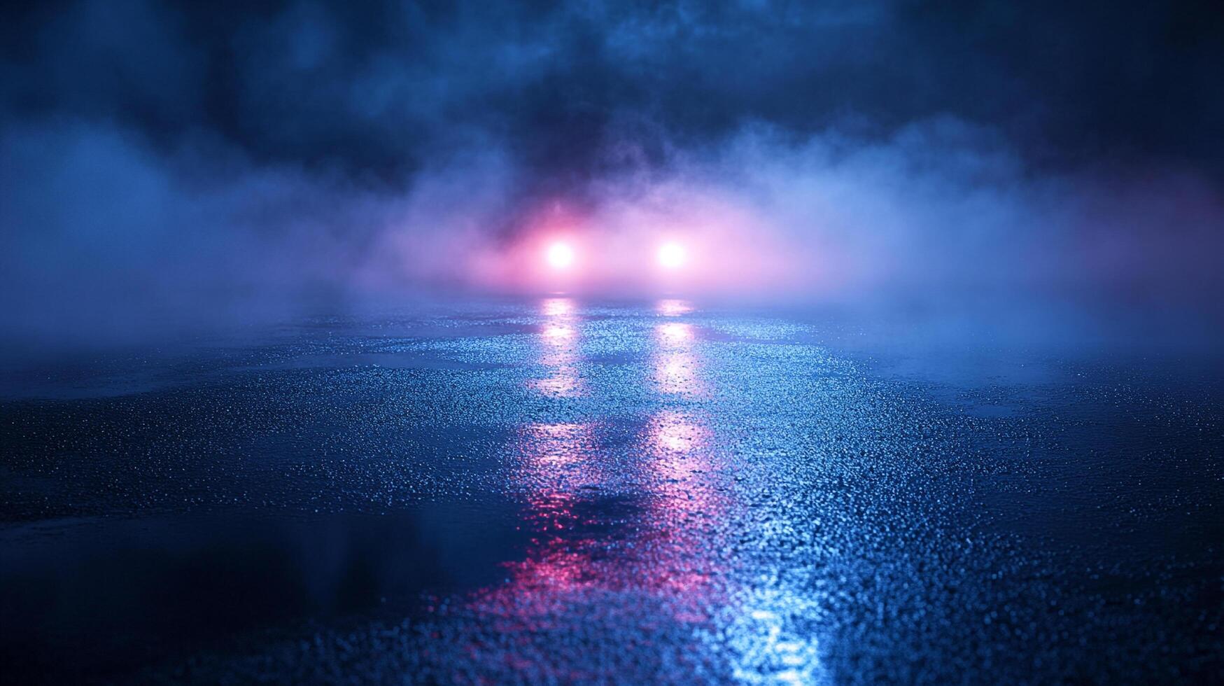 Headlights glow through dense fog on a wet road, reflections shimmer in the darkness, creating an eerie and mysterious scene. photo