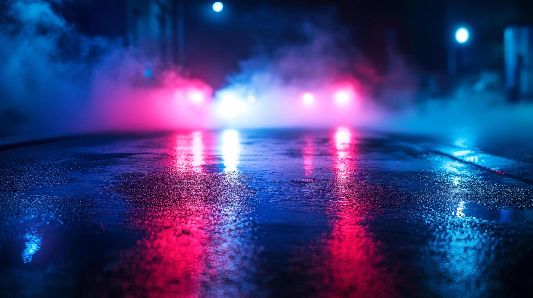 Neon lights reflecting on a wet street at night, with fog and a hint of mystery. The atmosphere is moody and cinematic. photo