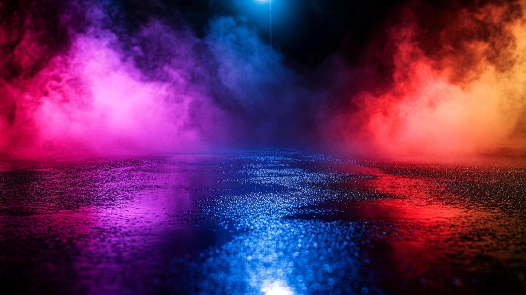 A vibrant streetscape awash in vivid colors and atmospheric fog, the ground slick with moisture and reflecting neon light like a mirror. photo