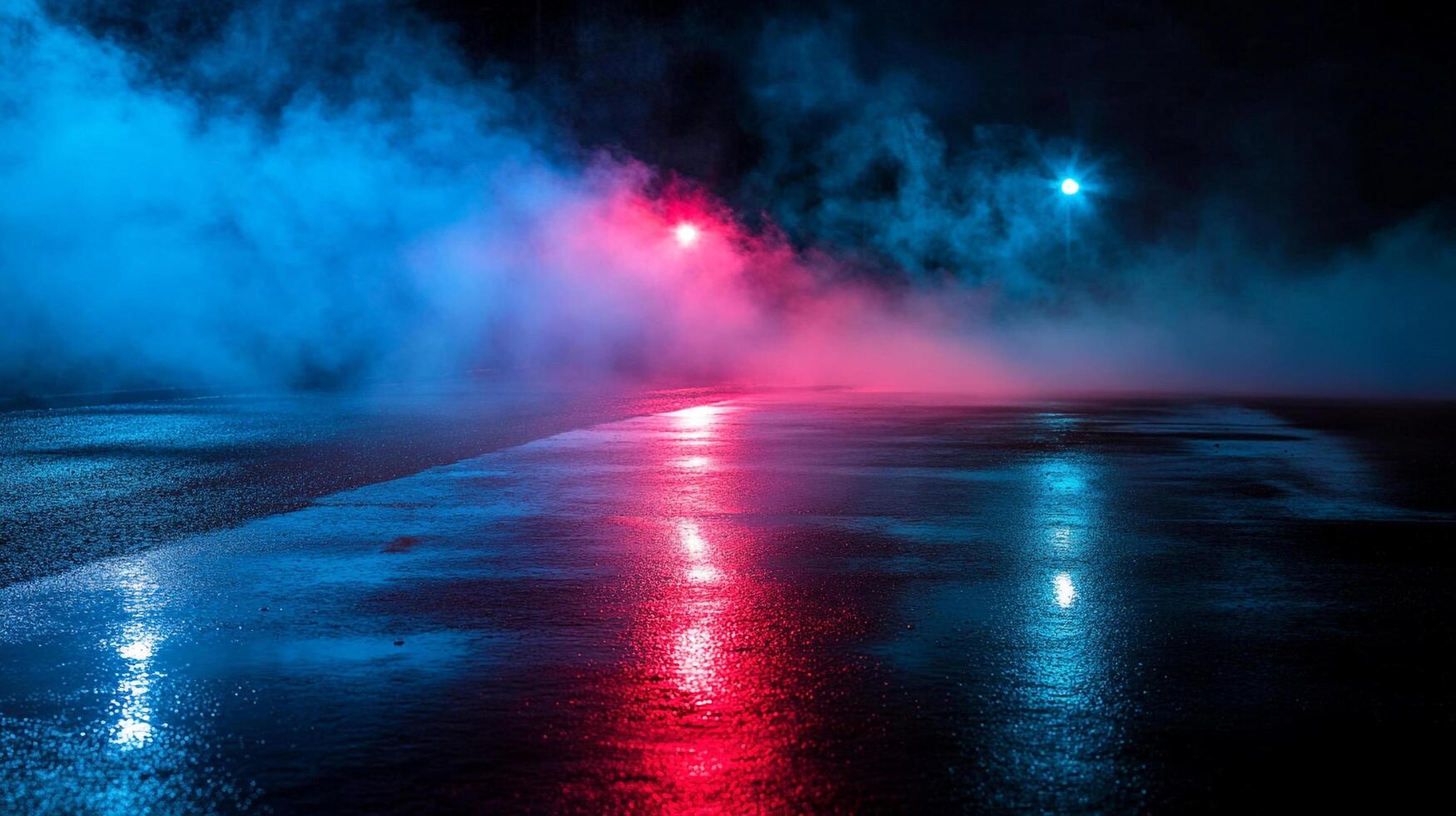 Colorful, misty urban scene at night. Reflective pavement illuminated by streetlights creates vibrant, mysterious atmosphere. photo