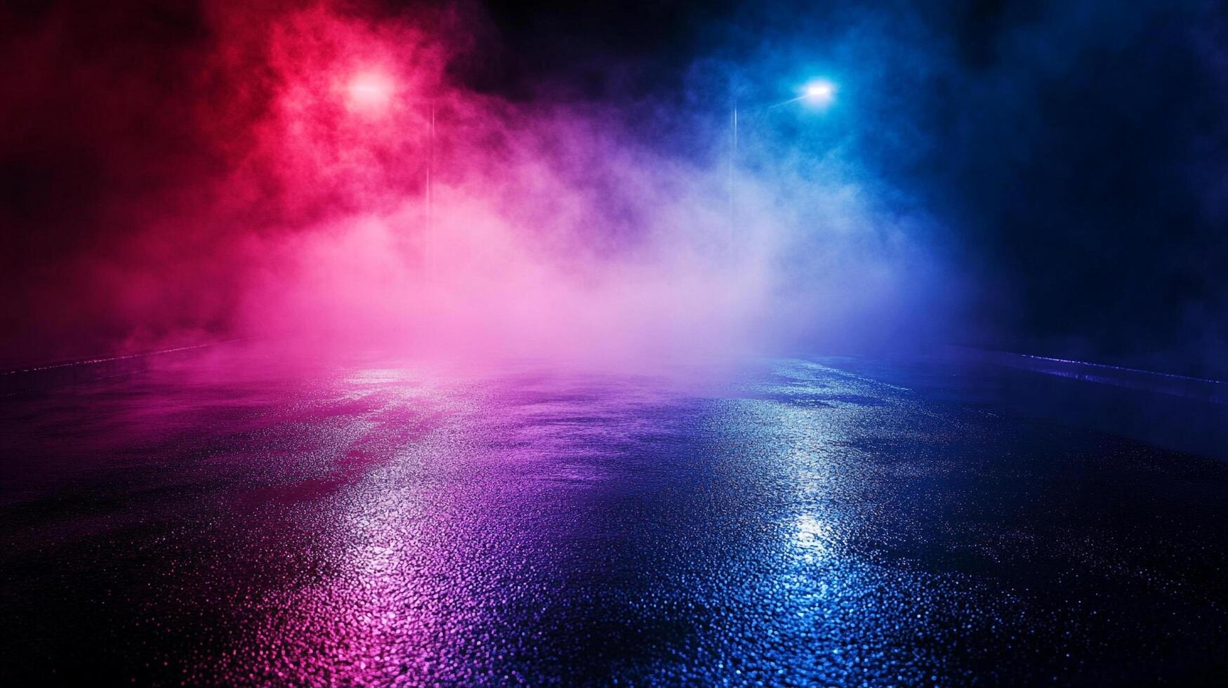Illuminated city street at night with vivid neon hues blending through a thick fog, creating a cinematic, atmospheric ambiance. photo