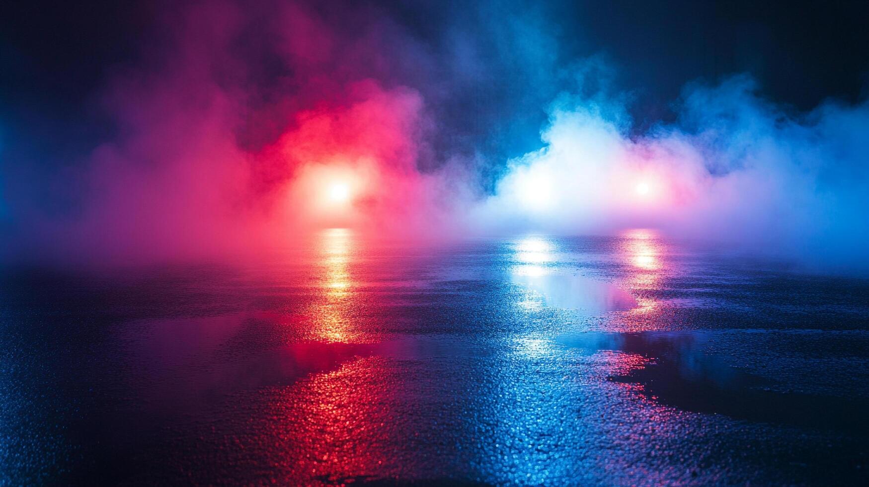 Illuminated vapor above a wet surface. The fog is illuminated with red and blue lights, creating a vibrant and otherworldly scene. photo