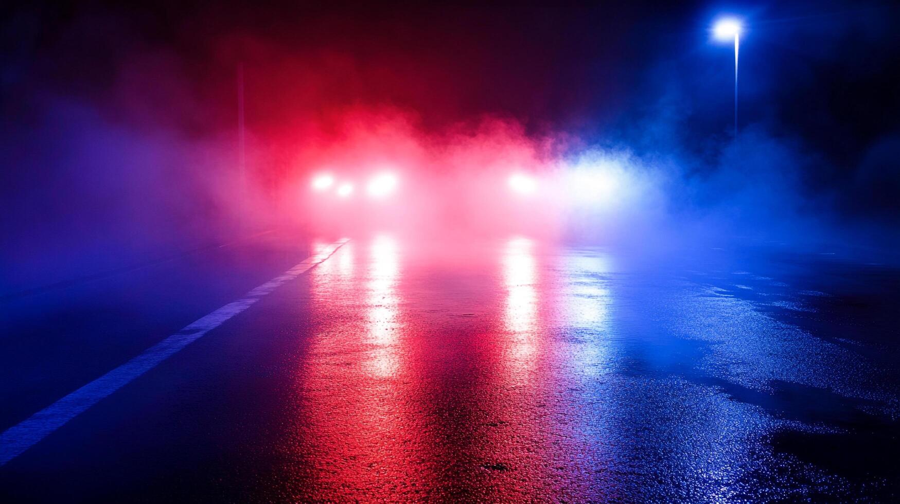 A dark urban road scene with fog illuminated by red and blue lights creates a striking and mysterious atmosphere on a rainy night. photo