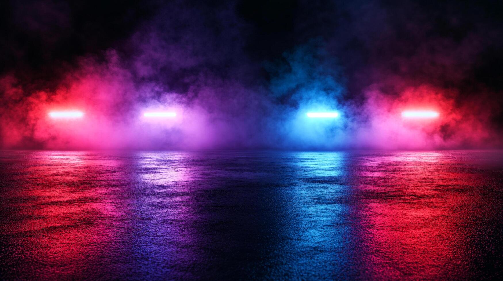 A vibrant scene with neon lights illuminating smoke above a reflective floor, creating a dynamic and colorful atmosphere. photo