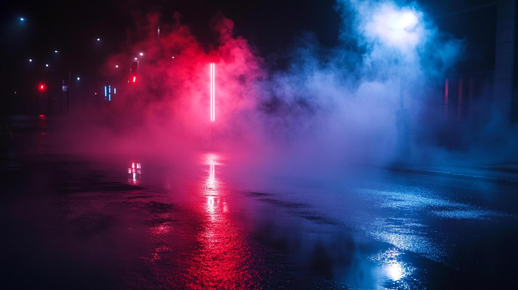 Night cityscape featuring steam illuminated in vibrant red and blue tones, reflecting off the wet pavement and creating a dynamic scene. photo