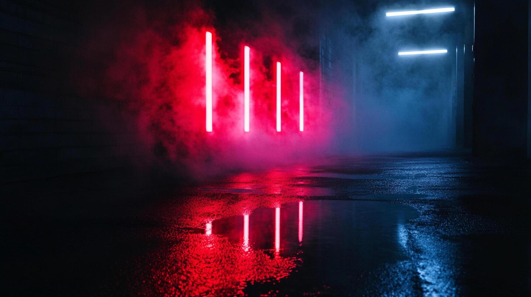 Neon light illuminates the room with its powerful glow, as fog floats about creating a mysterious atmosphere against the reflective floor. photo