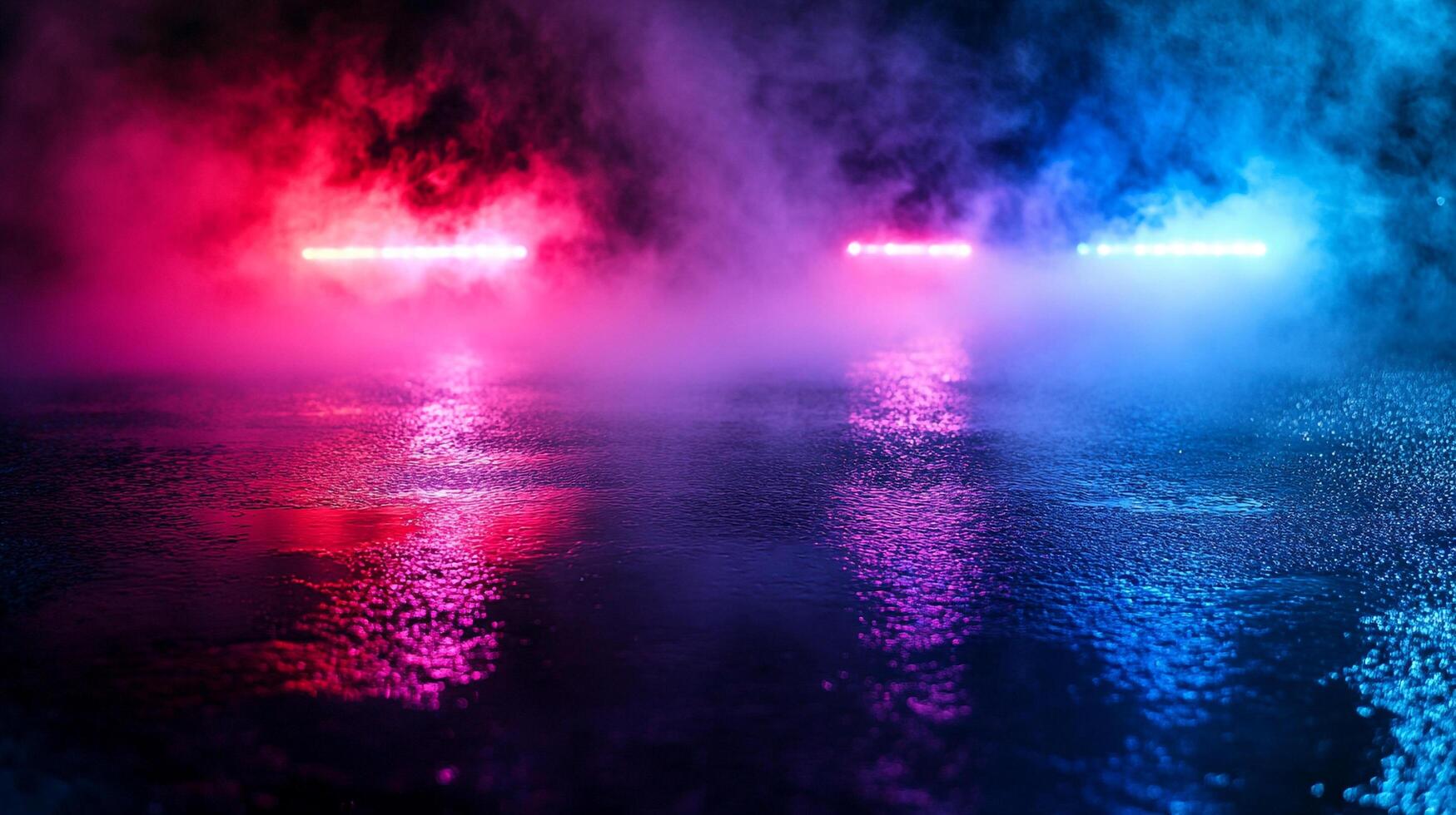 Neon lights reflect on a wet surface creating a vibrant futuristic atmosphere. The smoke adds depth and mystery to the scene. photo