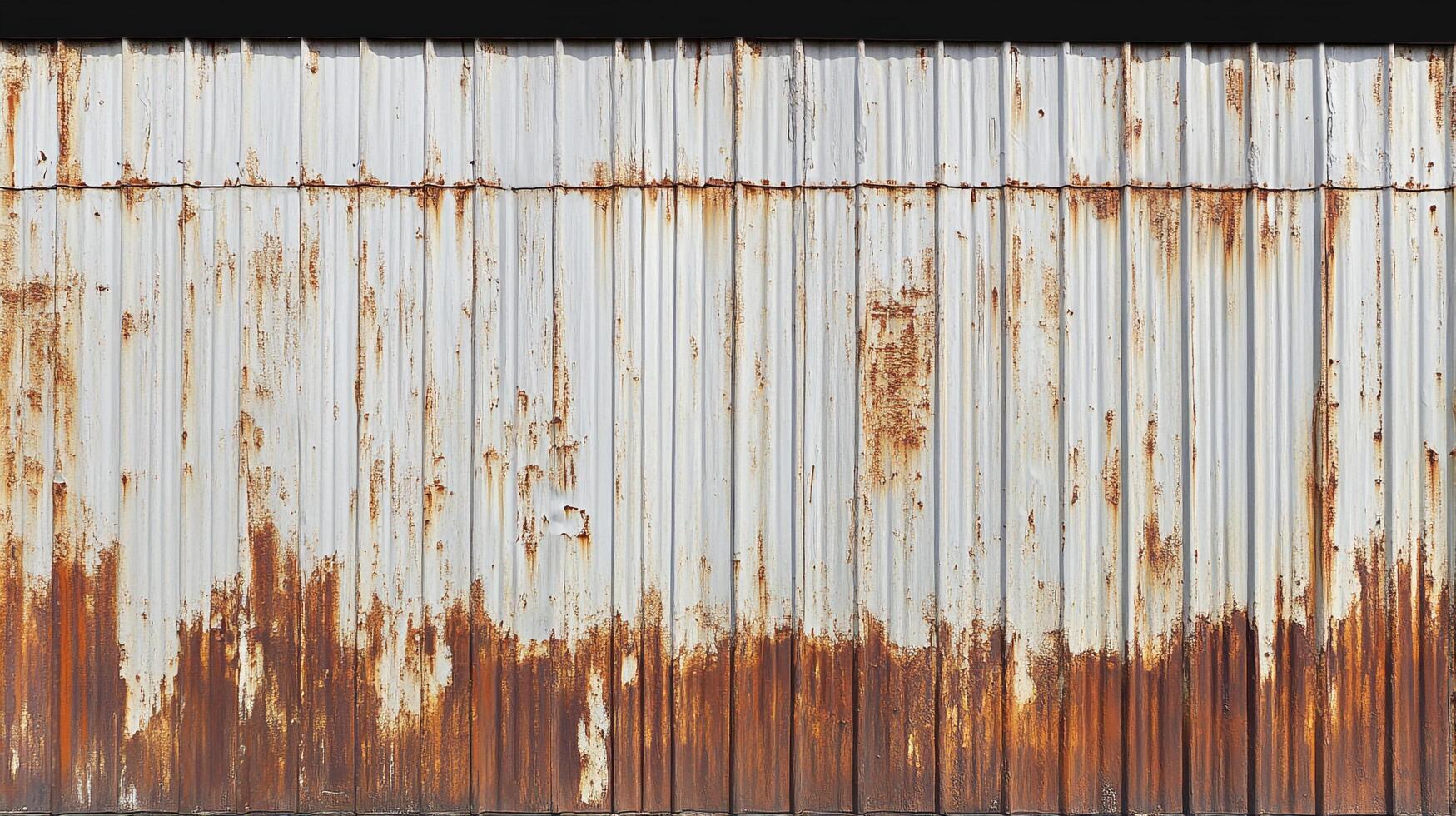 Weathered metal paneling exhibiting severe rust and corrosion, highlighting the effects of oxidation and age on building materials. photo