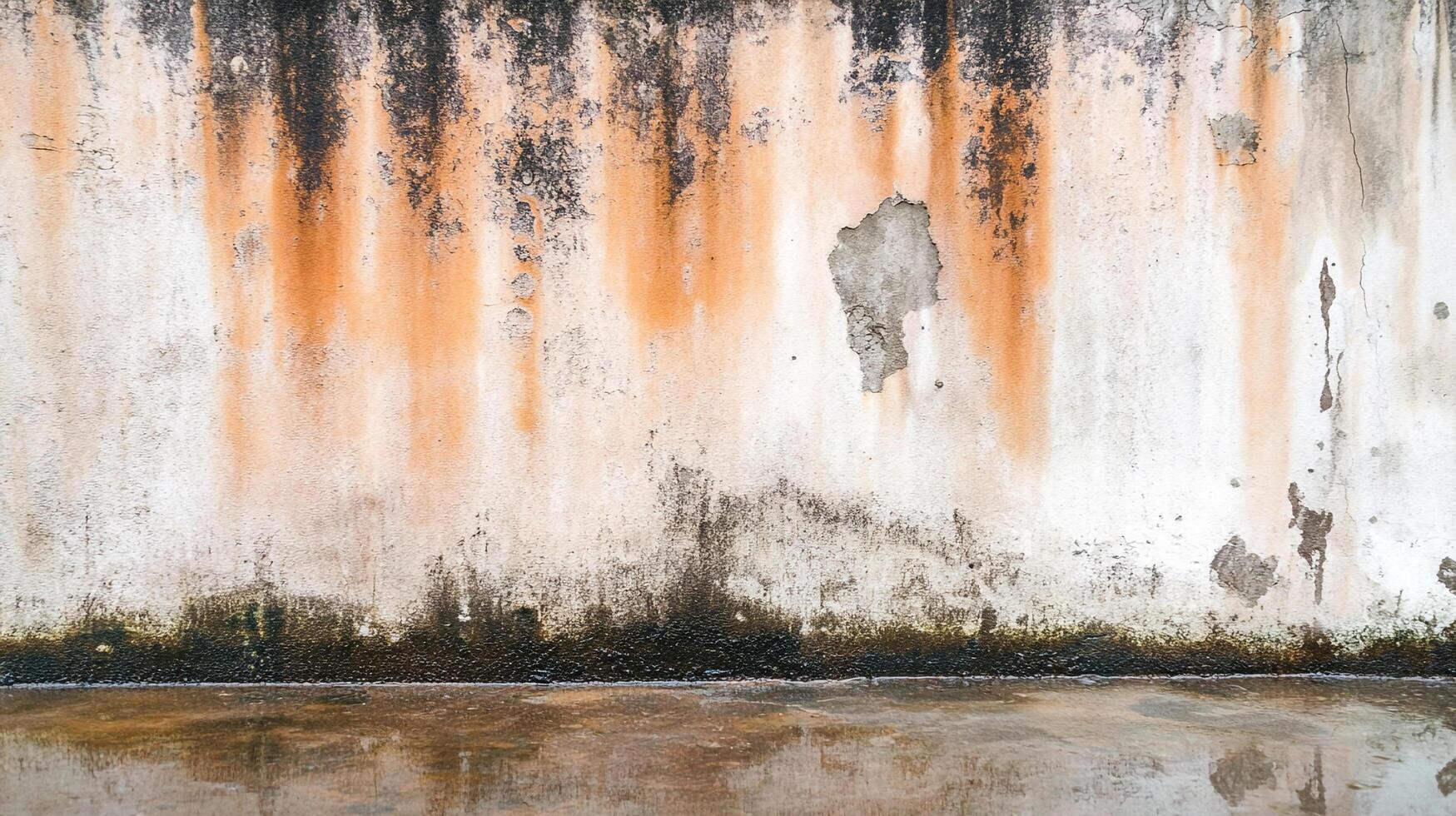 Weathered wall surface showing signs of water damage, erosion, and aging, creating a textured background with unique color patterns. photo